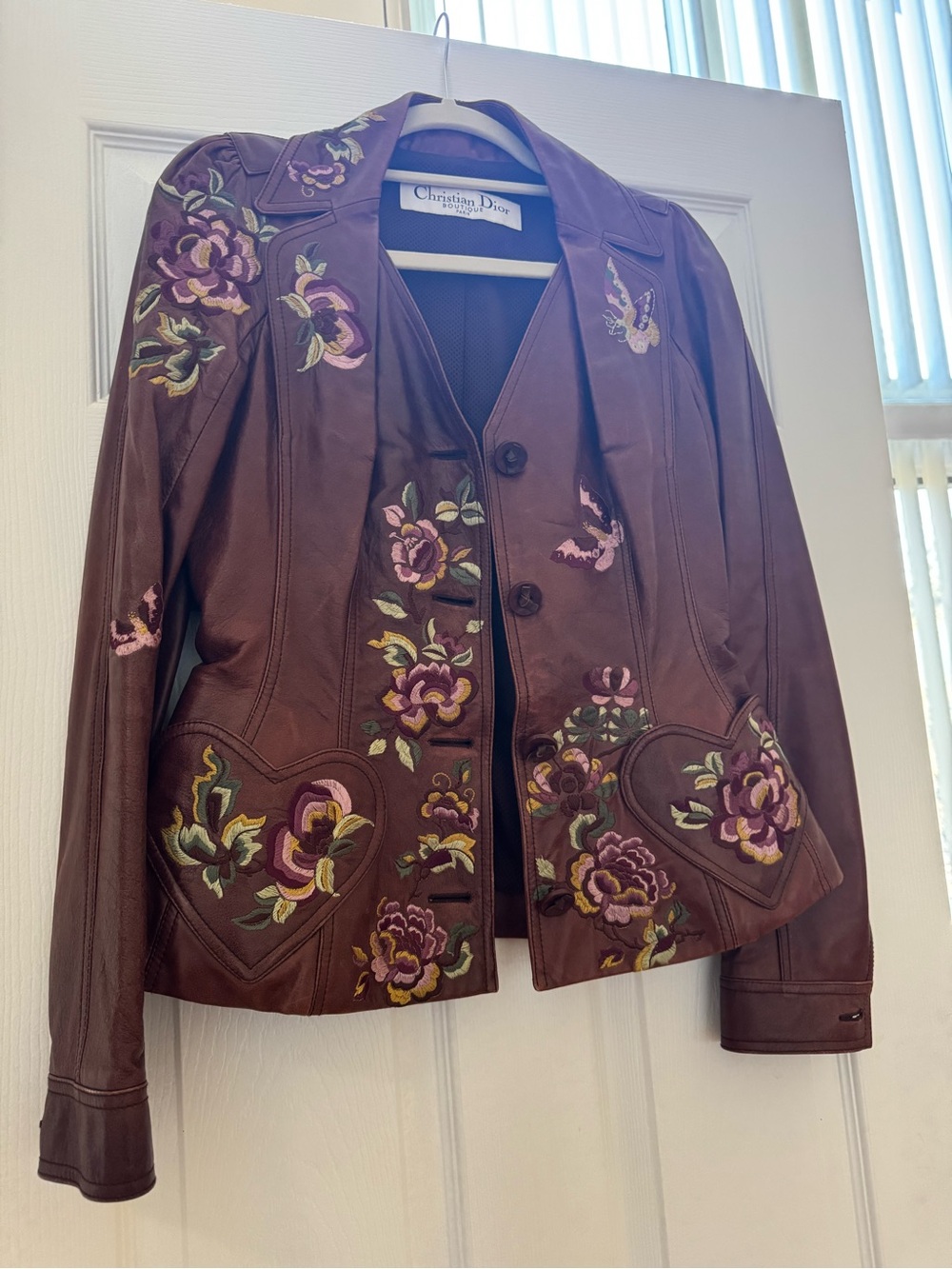 Dior Burgundy Leather Jacket/Skirt with Pink & Green Floral Embroidery